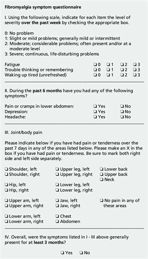 it does not require a tender-point count ; patients are assessed by. . Acr fibromyalgia questionnaire